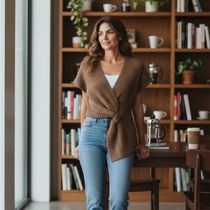 Escio Acrylic Twist-Front Brown Ribbed Knit Cardigan Sweater